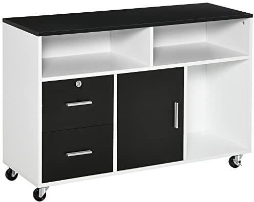 HOMCOM Mueble Auxiliar de Oficina con Ruedas 100x35x65 cm Negro y Blanco | Mueble Archivador, Estantes y Cajones, Armario Multiusos, Gran Almacenaje