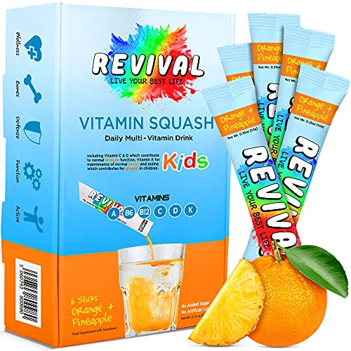 Revival Kids Vitamins Squash Drink - Électrolytes et Vitamines D, A, C, K, B6, B12 - Hydratation, Immunité, Croissance, Développement - Jus d'Ananas et Orange 6 Paquets