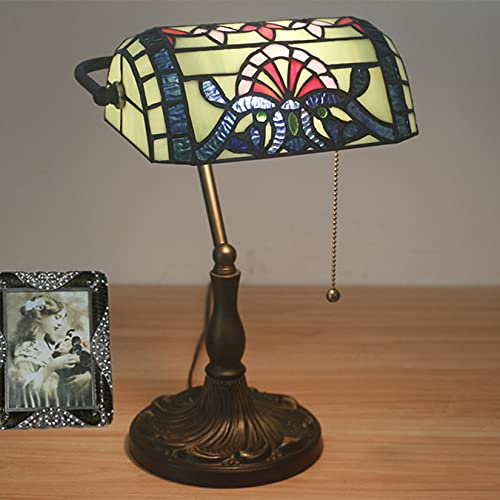 AIBOTY Tiffany Style Bankers Table Lamp Stained Glass Piano Desk Lamp Vintage Bedroom Bedside Lamp for Study,Antique Alloy Base,Zipper Switch,Green Baroque b