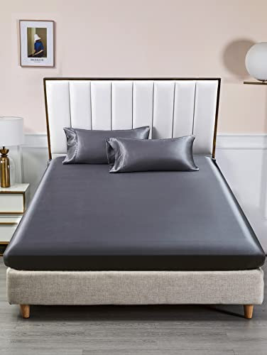 Spannbettlaken Bettlaken 90x200 Dunkelgrau Grau Boxspringbett Satin Bettlaken Glänzend Seide Spannbetttuch Leintuch 90 x 200 Uni Muster Hochwertiges Spannleintuch für Hohe Matratze bis 25-30 cm
