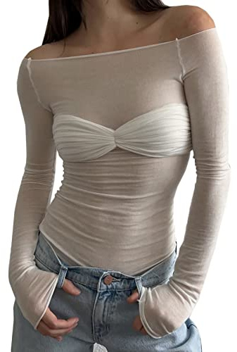 Women's Sexy Crop Top Long Sleeve Off Shoulder Going Out Tops Slim Fit Mesh Ruched Twisted Blouse Y2K T Shirt