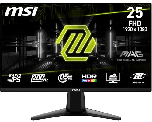 MSI MAG 255F E20, 61.4 cm FHD 1920x1080 Gaming Monitor - 200Hz, 0.5ms, HDR Ready, AMD FreeSync Premium, Eye care, AI vision, HDMI 2.0b, DP 1.2a, rahmenlos, neigungsverstellbar, VESA-Halterung, schwarz