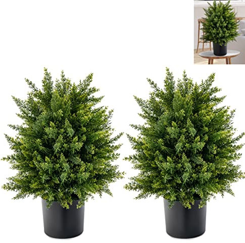 TANGZON 2 x Artificial Cedar Topiary Trees, Faux Pine Cypress Cedar Bushes Plant in Cement Pot, Indoor Outdoor Potted Decorative Plants for Home Office Yard (Cypress Tree)