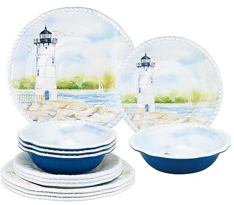 UP ware 12-teiliges Melamin-Geschirrset mit Küstenleuchtturm, Teller und Schüsseln, Service für 4 Personen, Blau