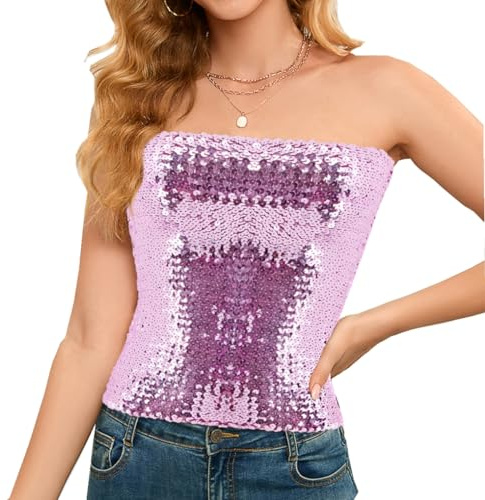 Segreto damer glitter paljetter rör topp sexig ärmlös vintage bandeau topp sjöjungfru axelbandslös crop top party axelbandstopp, Lång rosa lila, En Storlek