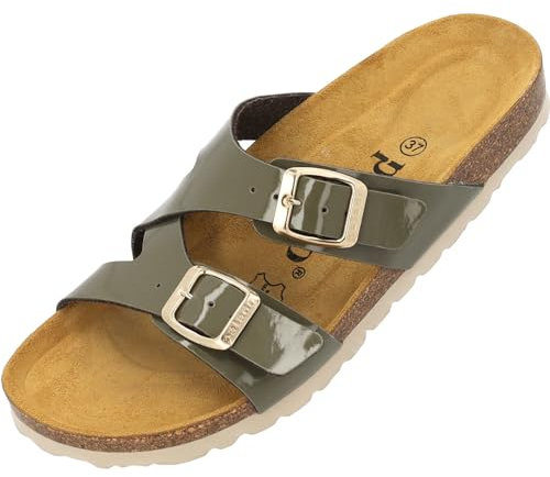 Palado Pantoletten Damen Arrila - bequeme Sandalen Made in Spain - Hausschuhe mit Kork-Fußbett - modische Sommerschuhe Khaki Lack UK8 - EU41