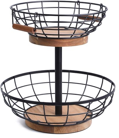 WILDMOS 2-tier Fruit Basket Bowl,Metal Basket with Wooden Base,Fruit and Vegetable Storage with Banana Hanger,Fruit Basket for Kitchen Counter Organizer.