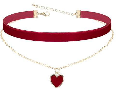 Heveer Samt Halskette Halsband Doppellagige Halskette mit Herz-Anhänger Verstellbare Gothic Choker für Damen Mädchen Rot