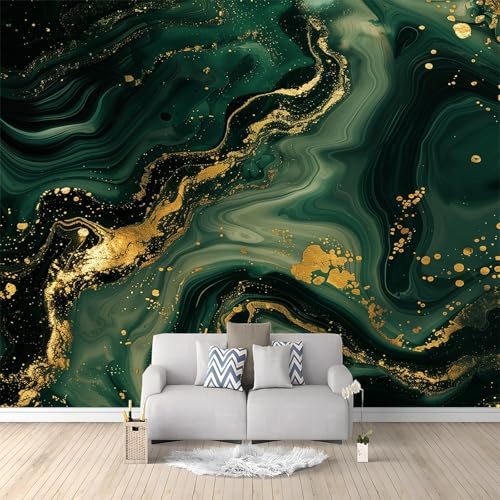 Générique Papier Peint Mural Salon Marbre Doré Vert Foncé 350x256 cm Papier Peint Panoramique Intissé Moderne, Décoration Murale Poster Tableaux Muraux Imprimé 3D Tapisserie Photo