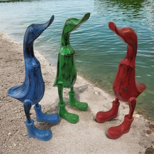 Pato decorativo de madera vintage, 45 cm, hecho a mano, con botas de goma de bambú en colores variados, como decoración de mesa, jardín o regalo adecuado