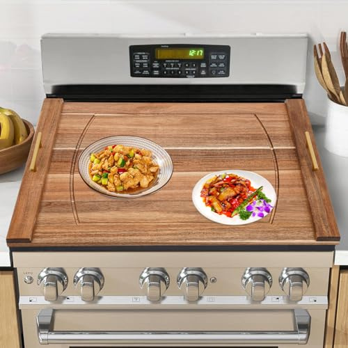 Noodle Board Stove Cover,30 x 22 inch,Stove Top Cover with Built-in Handles Stovetop Plate for Electric Stove,Gas Stove,Wooden Decorative Rustic Kitchen Serving Tray (Wood)