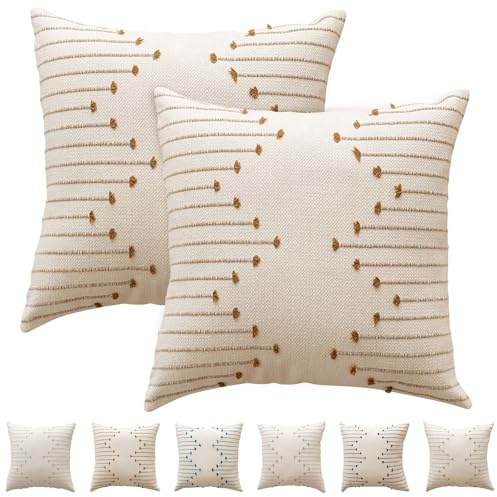 Luxvara 2Pcs Decorative Throw Pillow Covers, Durable Cotton Pillow Covers, Embroidered Cushion Covers for Décor, Square Pillow Cases for Sofa Bed Living Room Home Decor, 18x18 Inch (Brown)