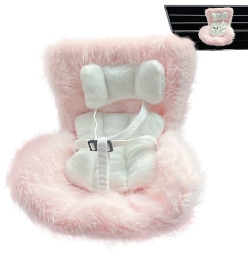Siège auto pour poupée avec coussin en peluche douce, outil de décoration de véhicule avec ceinture réglable à trois points, clip d'aération et plaquettes parfumées, siège de voiture pour poupées de