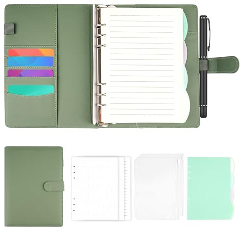 Binlava Ringbuch A5 Nachfüllbar, Notizbuch A5 Mit 135 Blätter Nachfüllpapier und Bindertaschen, 6 Ringe Notizbuch Din A5 Ringbuch für Schulnotizen, Reisetagebücher, Planer (Grün)