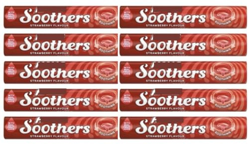 Soothers Strawberry Sore Throat Lozenges with Liquid Centre, 45g Bars (Pack of 10) Multipack - Cough Candy Sweets Bulk, Suitable for Vegetarians