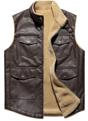 Gilet en cuir pour homme - Col montant - Sans manches - Vintage - Veste traditionnelle - Automne et hiver - Gilet de moto en cuir polaire chaud - Veste d'extérieur - Multipoches - Veste de voyage