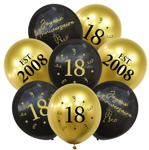 Ballon Décoration Anniversaire 18 Ans, Kit 24pcs Ballons Noir et Or, Joyeux Anniversaire Déco pour Fête D'anniversaire 18 Ans Homme Femme Garçon Fille 2008, Happy Birthday Deco
