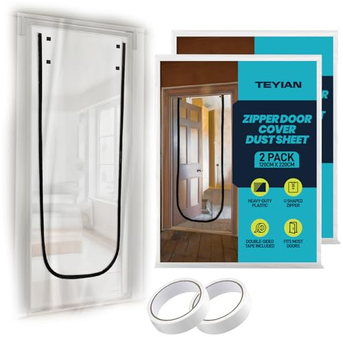 TEYIAN 2Pack 1.2m x 2.2m Plastic Dust Sheet Door Cover with Zipper Heavy Duty Clear Polythene Sheet Door Protector Door Curtain with 10m Double-Sided Tape for Decorating and DIY Projects