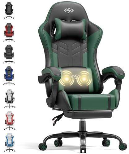 HLONONE Gaming Stuhl mit Massagefunktion, Ergonomischer Gamer Stuhl, Racing Gaming Sessel mit Fußstütze, Kopfstütze und Massage Lendenkissen, Gepolstert PC Stuhl, 150 kg Belastbarkeit, Schwarz-Grün