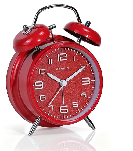 AYRELY® Réveil Vintage à Double Cloche – Réveil Gros Dormeur 4'' Silencieux sans Tic-Tac, Sonnerie Puissante, Cadran Nacré avec Veilleuse, pour Table de Nuit/Bureau(Cadran 3D, Rouge)