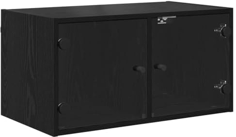 Qnhdfrt Armario de pared con puertas de cristal, moderno armario colgante en color roble negro, vitrina compacta para montaje en pared, 68 x 37 x 35 cm, material de madera para salón