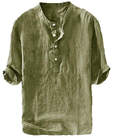 Ryannology Mens Linen Shirts Henley 3/4 Sleeve Casual Cotton T-Shirt Regular-Fit Lightweight Beach Yoga Tunic Tops