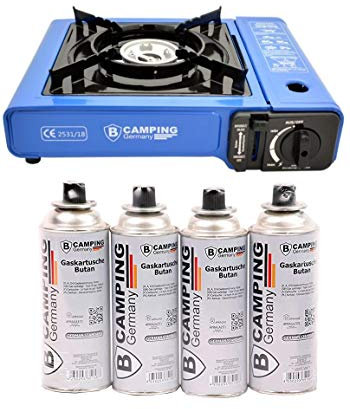 B Hornillo de gas para camping con 4 cartuchos de gas, hornillo de camping de 1 foco, potencia máxima de 2,1 kW, color azul o negro