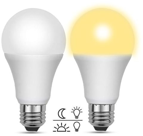 Akynite Lampadine LED Crepuscolare da Esterno 12W Luce Calda 3000K, 1200LM, Auto On/Off, Equivalent E27 100W, AC 230V, Lampadina Crepuscolare E27 Globo con Sensore per Plafoniere da Portico, set di 2