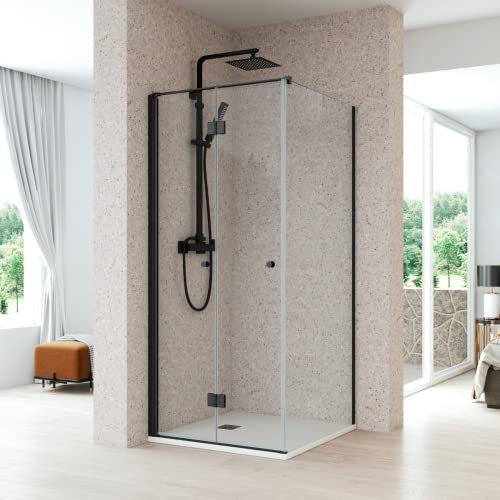 Mampara de Ducha Rectangular Puerta Plegable + 1 Fijo Latetal TRANSPARENTE | Cabina Ducha Rectangular de Apertura Plegable + Cristal Fijo Lateral | Vidrio 6mm Antical | 195cm Altura | Negro | 80+80 cm