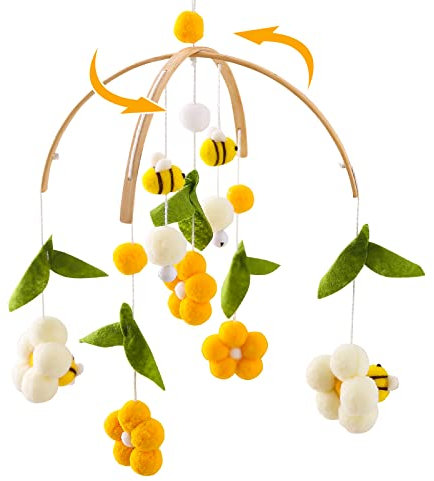 Youuys Mobile Baby Holz mit Filzbällen, Bienen und Blumen Baby Mobile Windspiel, Bettglocke Anhänger für Babybett, Kinderzimmer Deko, Geschenk für Baby Mädchen oder Jungen