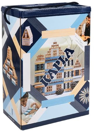 KAPLA Die 200er Box Winter 200 Plättchen aus naturbelassenem Pinienholz, Davon 140 x naturfarben und 20x hellblau, 20x dunkelblau und 20x Weiss