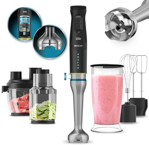 Cecotec Batidora de Mano Katana 15 TotalDestroy Full B. 1500 W, Sistema de Dobles cuchillas, 21 Velocidades y Turbo, 4 Hojas con Titanio Negro, Campana antisalpicaduras, Vaso 800 ml