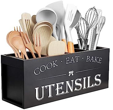 Suli Soporte para utensilios de cocina extragrande con 4 compartimentos, organizador de utensilios de madera para encimera de cocina, decoración de cocina rústica, color negro
