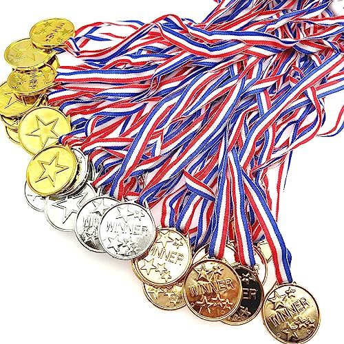 JZK 30x Vincitore dell'oro di plastica medaglie Oro Argento Bronzo premi con Nastri per Festa Compleanno Bambini regalino ricordo medaglia Vincitore per Bambini Sport