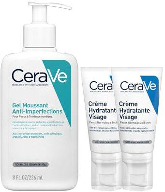 Lot de CeraVe Gel Moussant Anti-Imperfections | 236 ML | Nettoyant Visage Purifiant à l’Acide Salicylique + CeraVe Crème Hydratante Visage | 2 x 52ml | à l'Acide Hyaluronique
