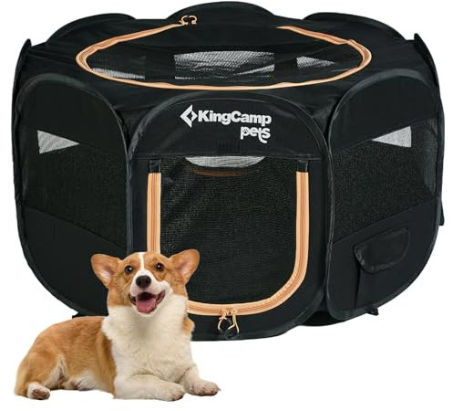 KingCamp Welpenlaufstall, Tierlaufstall, Tragbarer Welpenauslauf, Laufstall für Hunde, Katzen, Welpen, im Innen- und Außenbereich, für Wohnung mit Tragetasche und Hering, Schwarz S
