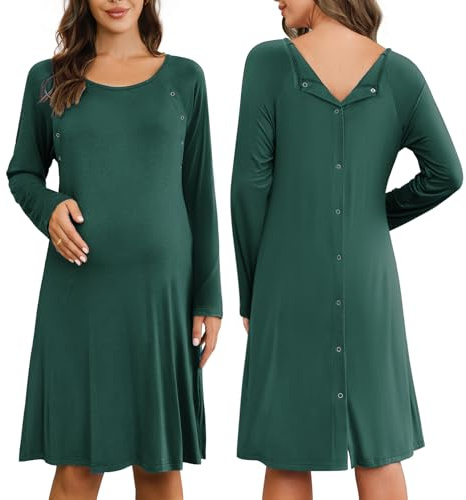 Ekouaer Women Maternity Nightgown Labor Delivery Nursing Gown Hospital Breastfeeding Dress Button Down Long Sleeve Sleepwear Lake Green XXL