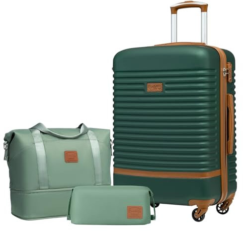 COOLIFE Koffer Set 3-TLG: Mittlerer Koffer + Reisetasche | ABS Hartschale Leicht, 360° Räder & TSA-Schlösser Für Europa, Kreuzfahrt & Auslandsstudium – Familienurlaub Essentials Dunkelgrün/Braun