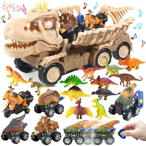 TEUVO Dinosaurier LKW Spielzeug Dino Skelett Autotransporter Truck mit Licht & Tönen, Spielzeugauto 5 Dino Autos, 12 Dinosaurier Figuren, Weihnachten Geschenke für Kinder Jungen Mädchen ab 3 4 5 Jahre