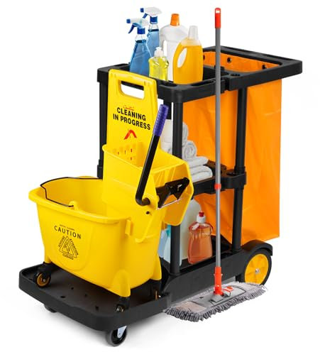 bimiti Carrito de limpieza de limpieza de limpieza comercial, carrito de servicio de limpieza de gran capacidad, bolsa Oxford utilitaria, diseño de gancho lateral y ruedas giratorias