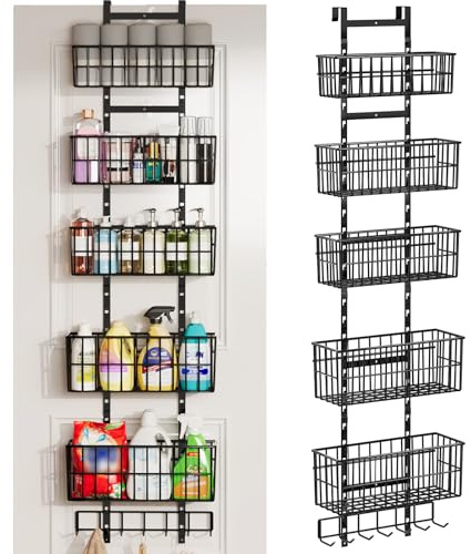 Hongtamoya Adjustable Over the Door Organizer, Metal Hanging Door Organizer with 5 Wire Basket 7 Hooks, Wall Mounted Shelf for Pantry Laundry Organization and Storage, Black