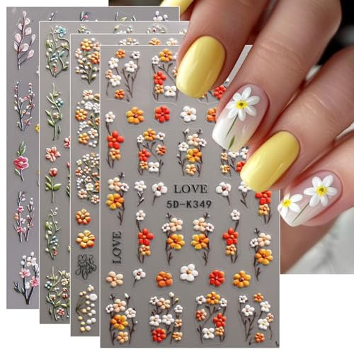 JMEOWIO 3D Flores Otoño Floral Adesivi Unghie Nail Art, Stickers Unghie Autoadesivi 5D Decorazioni Unghie Nail Art Disegni 4 Fogli