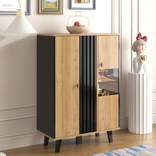 BNUZ 80 x 40 x 120 cm, aparador moderno, vitrina con cristal e iluminación LED, combinación de negro y madera
