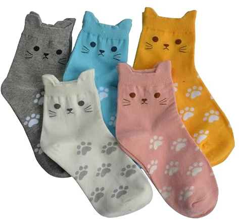 Jeasona Lot De 5 Paires Chaussettes Chat pour Femme 35-38 Cadeau Femme Anniversaire Noel Fete Des Meres Saint Valentin Cadeau Maman/Ado Fille/Chat/Soeur/Meilleure Amie/Copine Rigolotes