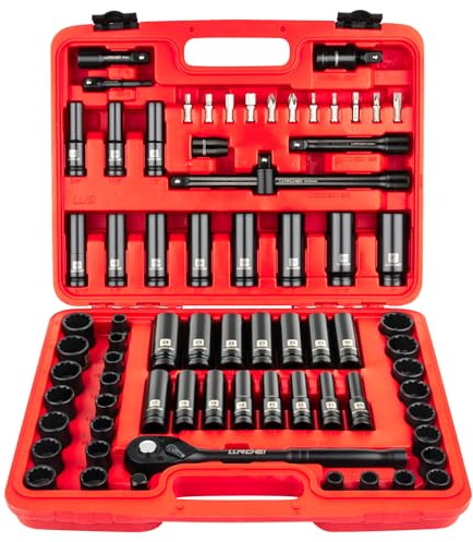 LLNDEI 72 Piece 1/2 Inch Drive Socket Set, 6 & 12 Point Impact Sockets, Deep & Shallow Sockets, Cr-V Steel, Metric & SAE, Including Extension Bars, Ratchet Handle, Adapters, Universal Joint, Bits Set