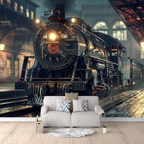 Papel Tapiz Fotográfico 3D Tren Retro 300x256 cm Papel Pintado Panorámico, Plataforma Murales Decoración Pared Moderna para Cuarto de Niño, Salón, Oficina