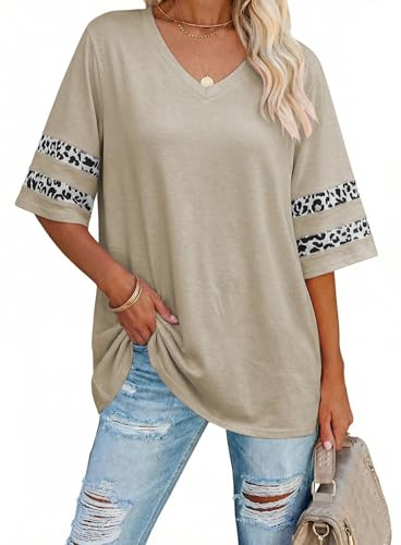 Famulily V Neck Oversized T Shirt for Women UK, Ladies Leopard Stripes Half Sleeve Summer Basic Loose Tshirts Tunic Tops