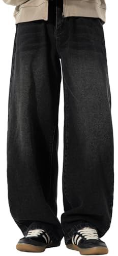 PADOLA Jean Homme Baggy Taille Elastique Jeans avec 4 Poches Décontracté Pantalon de Travail Jambe Large Coupe Droite Loose Fit Pantalon Cargo avec Fermeture éclair Streetwear