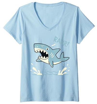 Donna Simpatico Design con squalo Che Salta sull'acqua Maglietta con Collo a V