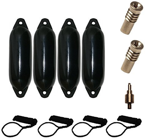 Majoni Komplettset 4er-Set Star 15 Schutzkörper für Boote mit 4 Leinen, 2 Ersatzventilen und 1 Ventiladapter - schwarz 45 x 12 cm